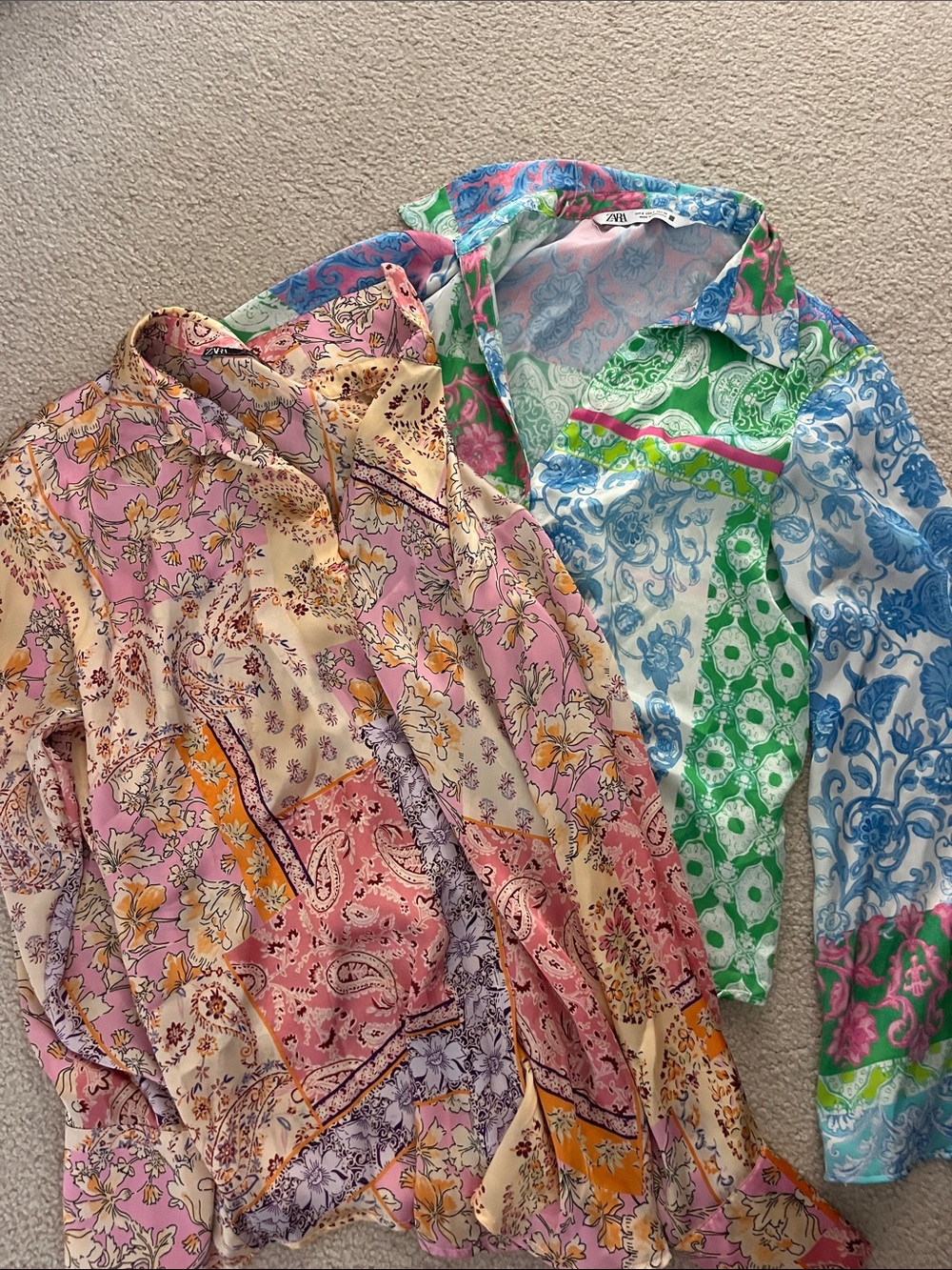 Zara Mixed Floral & Paisley Patchwork Button-Up Shirt - Pink, Cream, Green, Blue